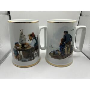 ~*Vintage*~ - Lot Of 2 - 1985 Norman Rockwell Coffee Cups - Sea & Hobby Themed